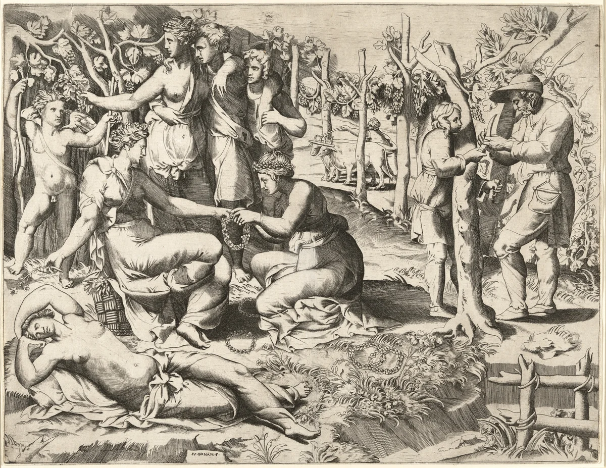 Flora and Her Nymphs by Giulio Bonasone, print, 1545-1555