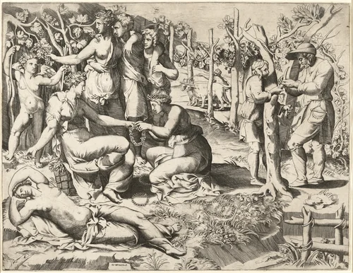 Flora and Her Nymphs by Giulio Bonasone, print, 1545-1555