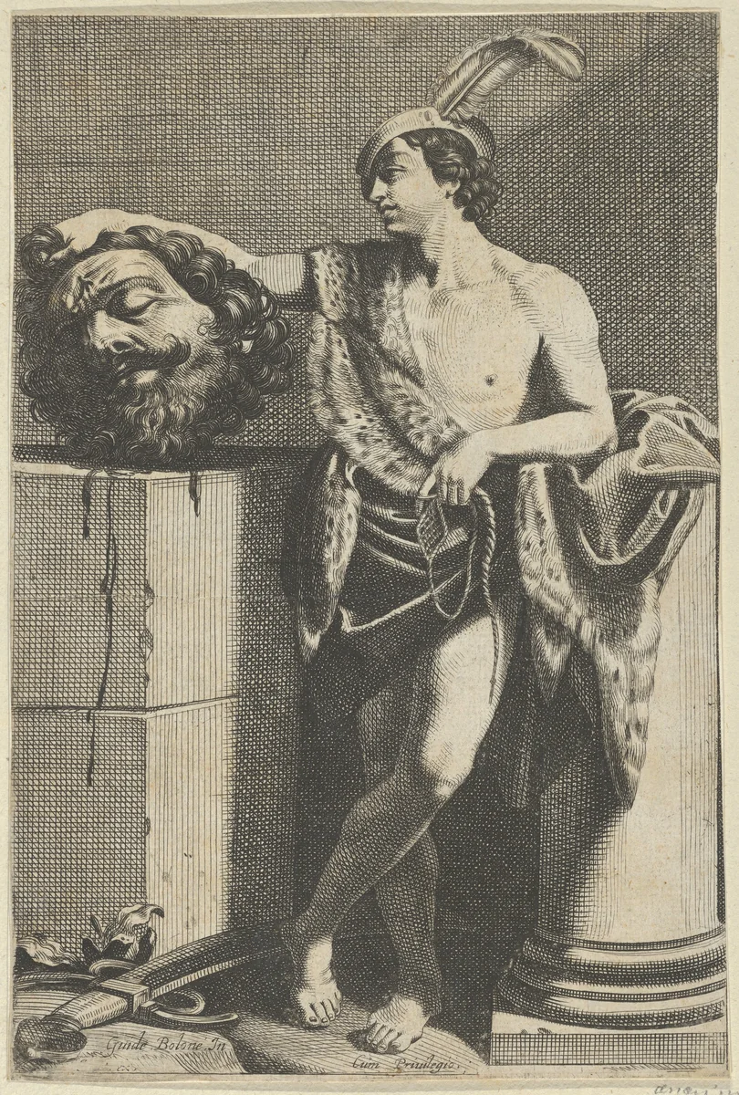 David standing with crossed legs and holding the head of Goliath on a pedestal at left, a sword on the ground, after Reni by anonymous, print, 1600-1700