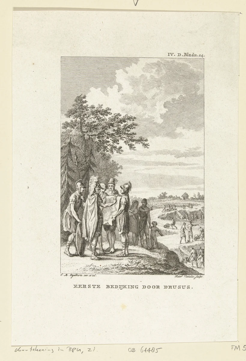 Eerste bedijking door Drusus, ca. 15 v.C. by Reinier Vinkeles, print, 1795-1799