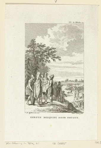 Eerste bedijking door Drusus, ca. 15 v.C. by Reinier Vinkeles, print, 1795-1799