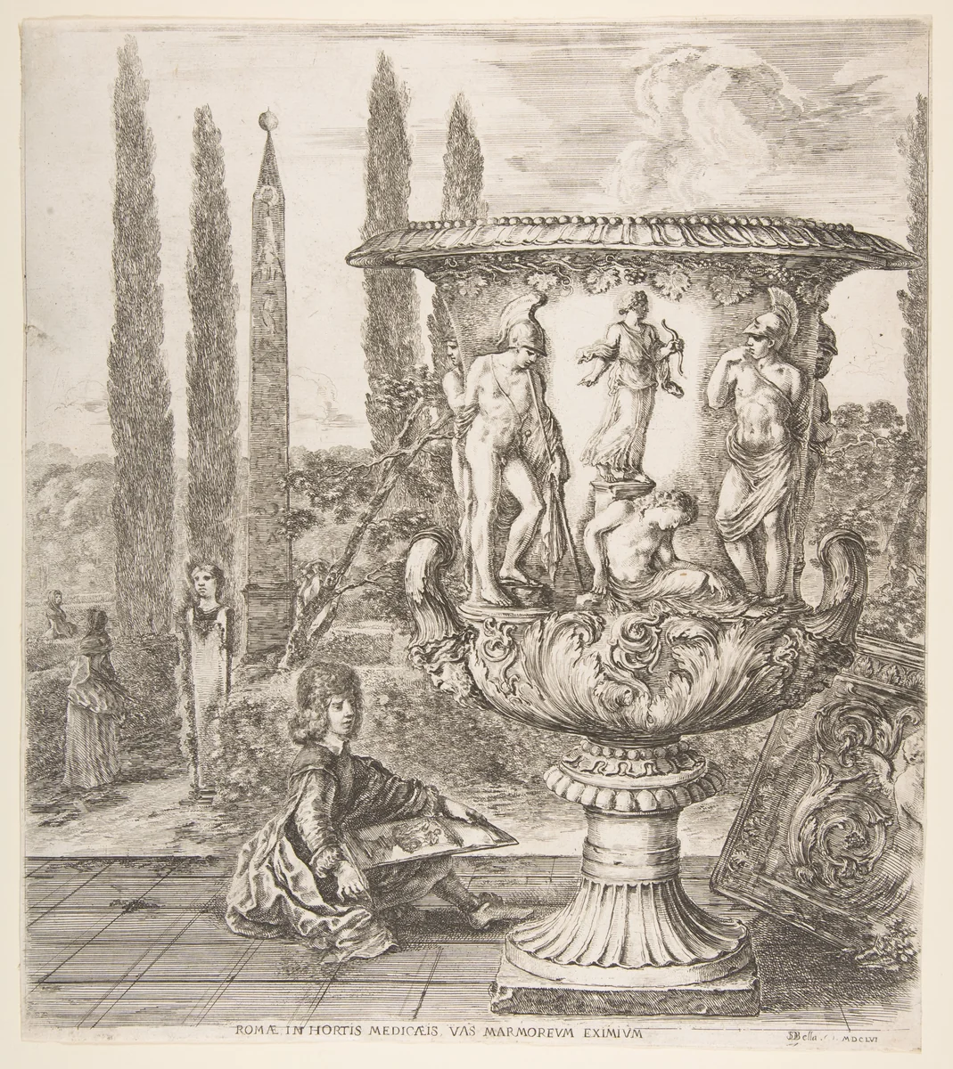 The Medici vase, a large vase to right decorated with a representation of the sacrifice of Iphigenia, on a garden terrace, a teenage boy seated to left with a pen and paper with a drawing of the vase, cyprus trees and an obelisk to left in the background, from "Six large views, four of Rome, and two of the Roman countryside" (Six grandes vues, dont quatre de Rome et deux de la Campagne romaine) by Stefano della Bella, print, 1656