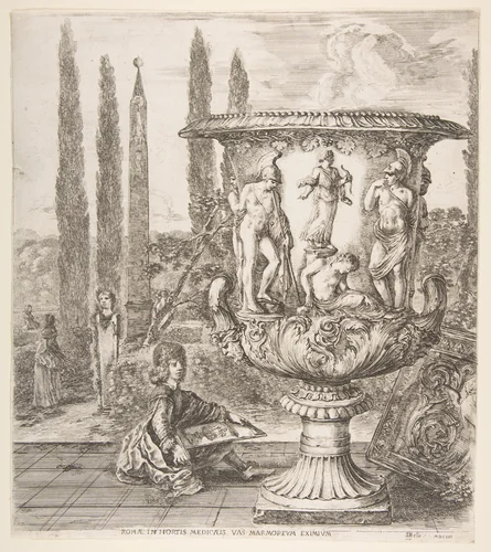 The Medici vase, a large vase to right decorated with a representation of the sacrifice of Iphigenia, on a garden terrace, a teenage boy seated to left with a pen and paper with a drawing of the vase, cyprus trees and an obelisk to left in the background, from "Six large views, four of Rome, and two of the Roman countryside" (Six grandes vues, dont quatre de Rome et deux de la Campagne romaine) by Stefano della Bella, print, 1656