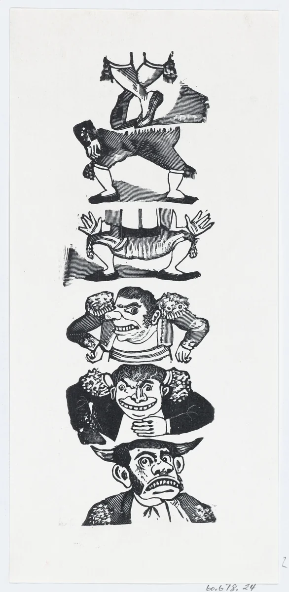 Caricature of three toreros (legs and torso/head) by José Guadalupe Posada, print, 1875-1885