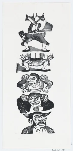 Caricature of three toreros (legs and torso/head) by José Guadalupe Posada, print, 1875-1885