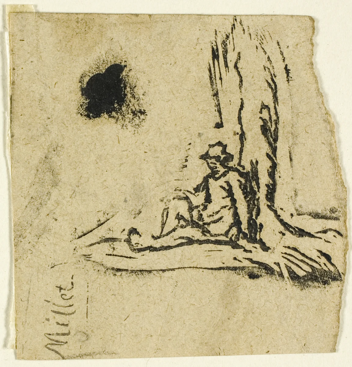 Sketches, Fragment: Peasant Seated at the Foot of a Tree by Jean-François Millet, print, 1863-1875
