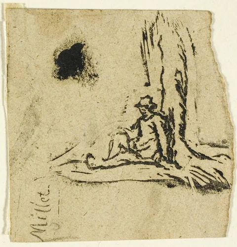 Sketches, Fragment: Peasant Seated at the Foot of a Tree by Jean-François Millet, print, 1863-1875