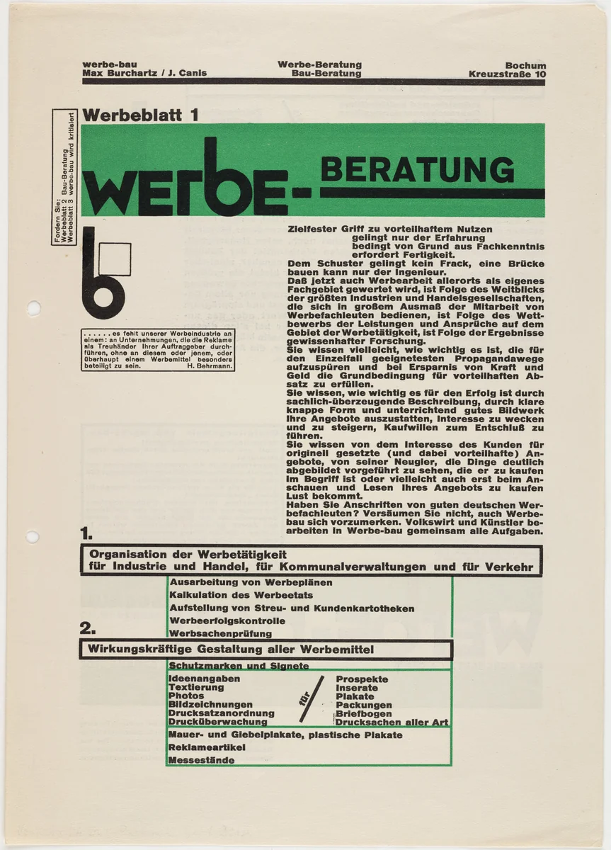 Werbe-Beratung, Werbeblatt 1 by Max Burchartz
Johannes Canis, design, 1925