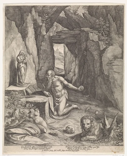 Heilige Hieronymus in de grot by Unknown, print, 1560-1600