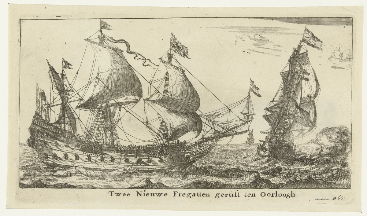 Twee Nederlandse fregatten by Reinier Nooms, print, 1652-1654