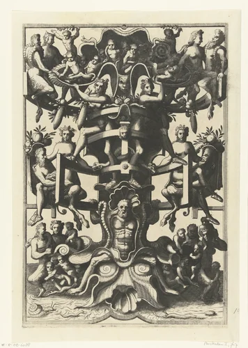 Vlakdecoratie: frame van rolwerk en schelpvormige constructie by Johannes of Lucas van Doetechum, print, 1557