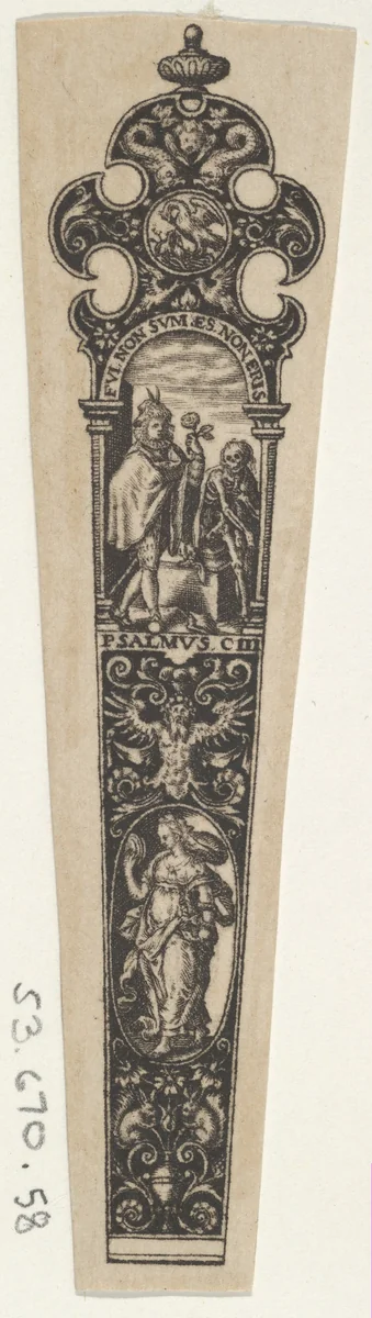 Design for a Knife Handle with a Memento Mori by Johann Theodor de Bry, print, 1580-1600