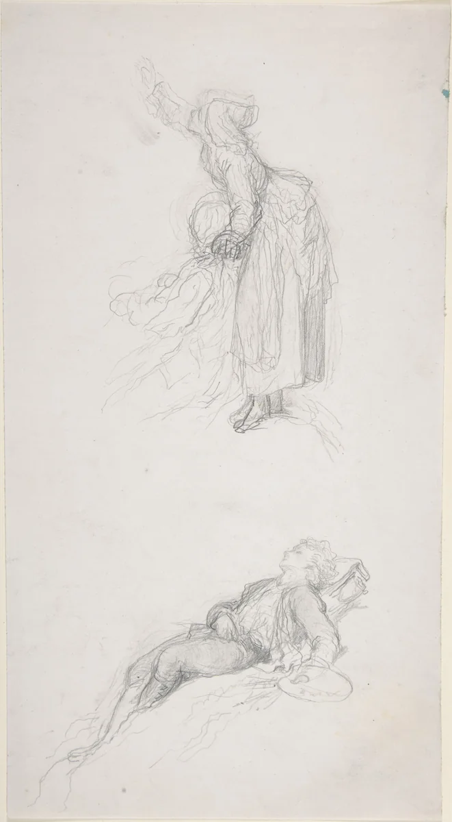 Study of a standing woman with a sitting man; study of a resting artist by François-Claudius Compte-Calix, drawing, 1830-1880