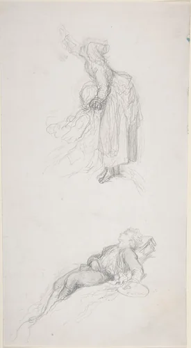 Study of a standing woman with a sitting man; study of a resting artist by François-Claudius Compte-Calix, drawing, 1830-1880