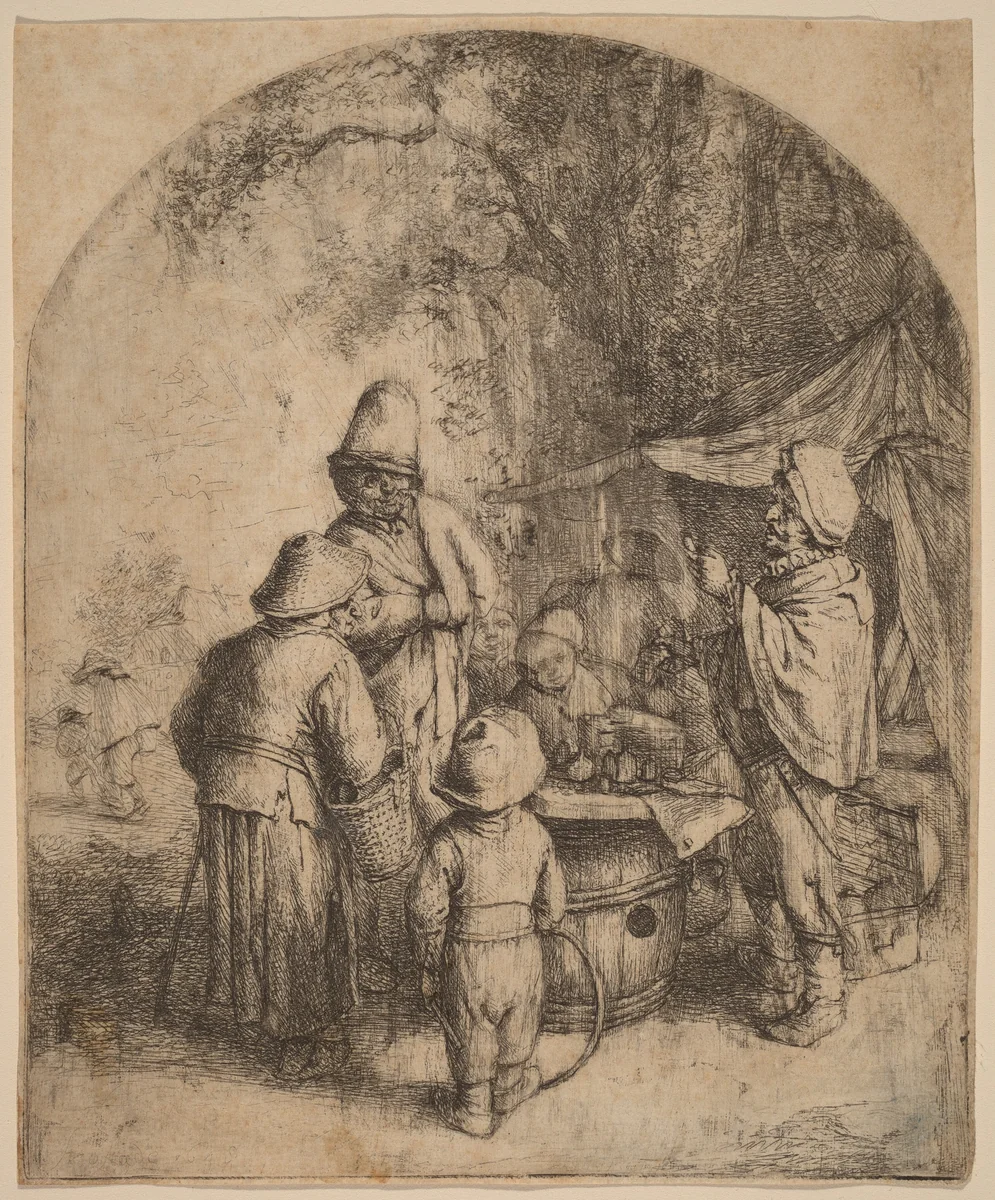 Quack Doctor Presenting his Potions to a Group of Bystanders by Adriaen van Ostade, print, 1648