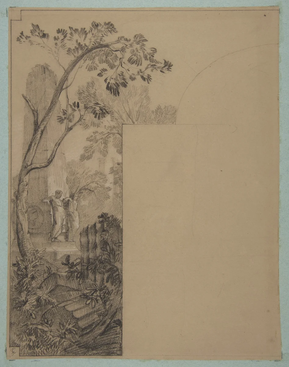 Design for mural decoration surrounding a door: landscape with classical ruins by Jules-Edmond-Charles Lachaise, drawing, 1830-1897
