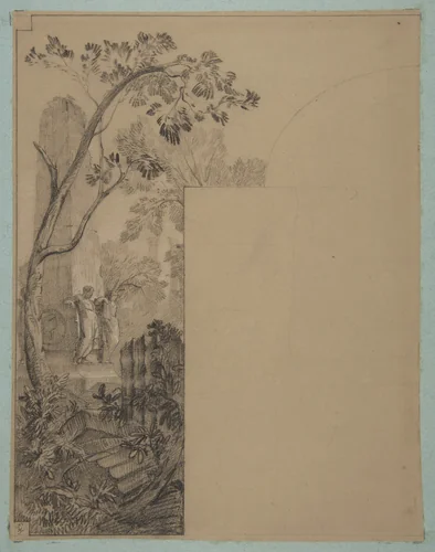Design for mural decoration surrounding a door: landscape with classical ruins by Jules-Edmond-Charles Lachaise, drawing, 1830-1897