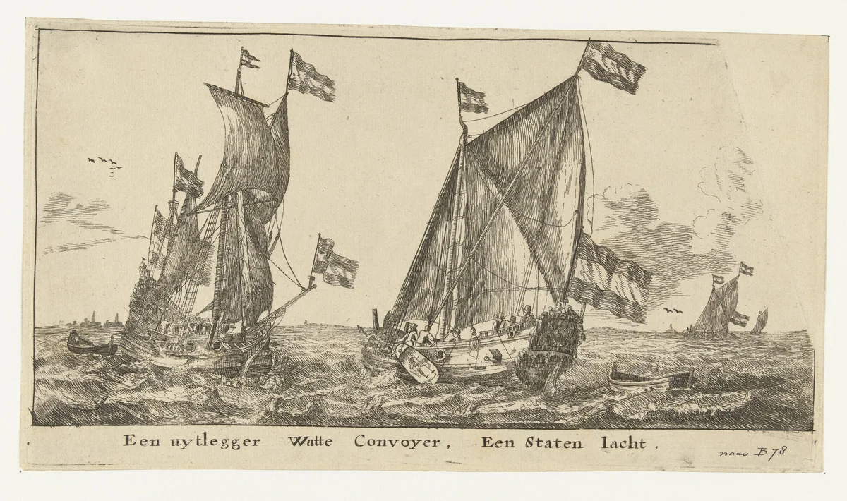 Twee schepen: een statenjacht en een uitlegger by anonymous, print, 1652-1701