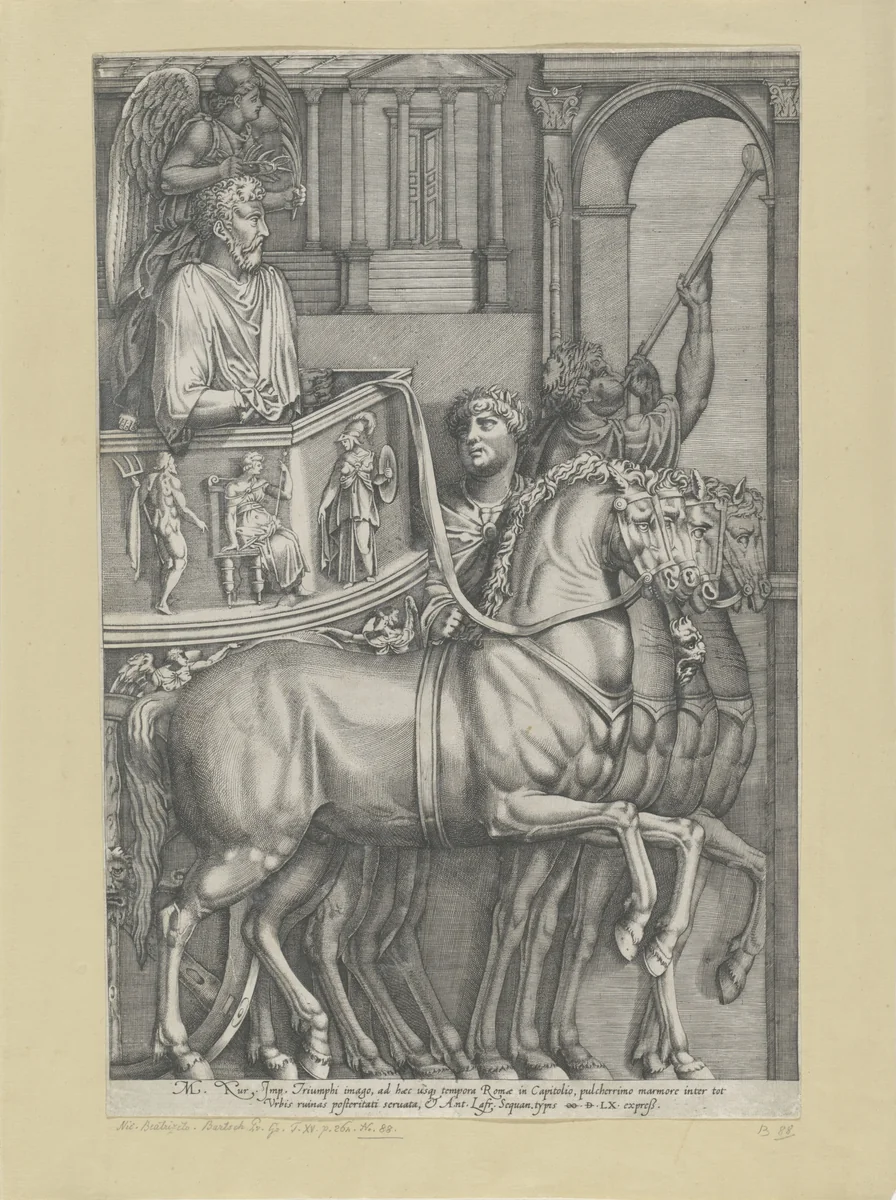 Marcus Aurelius op zijn zegenkar by Nicolas Beatrizet, print, 1560