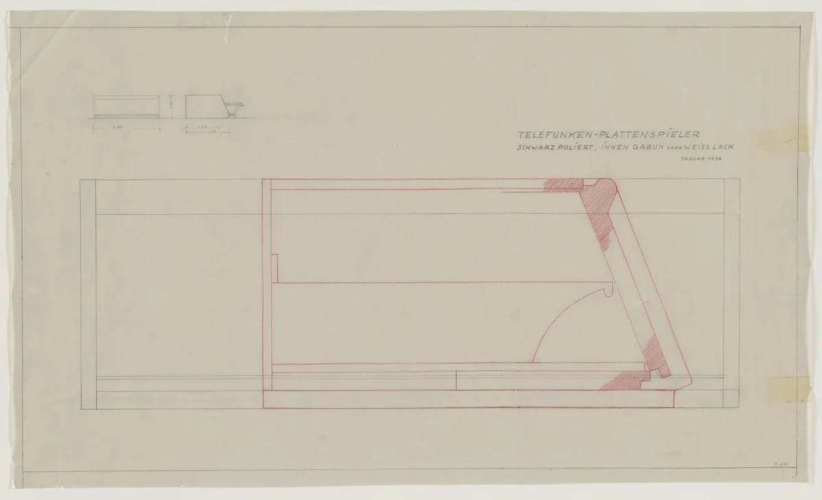 Design for Telefunken Record Player, Three elevations and section by Lilly Reich, mies van der rohe archive, 1938