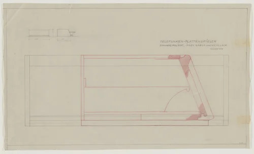 Design for Telefunken Record Player, Three elevations and section by Lilly Reich, mies van der rohe archive, 1938