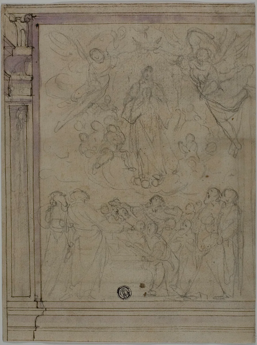 Assumption of the Virgin (recto); Sketches of Architectural Details (verso) by Unknown Artist, drawing, 1580-1599