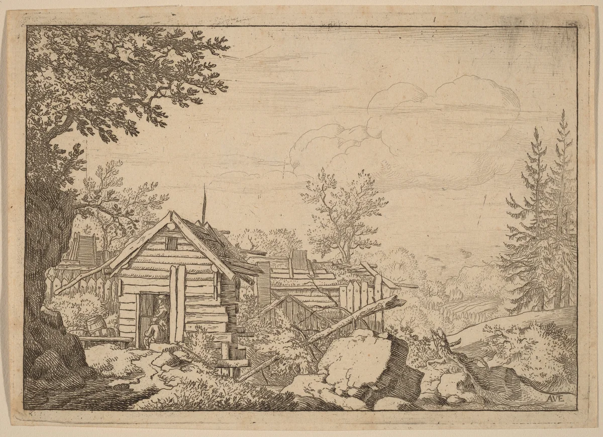 Two Men in the Doorway of a Hut by Allart van Everdingen, print, 1645-1656