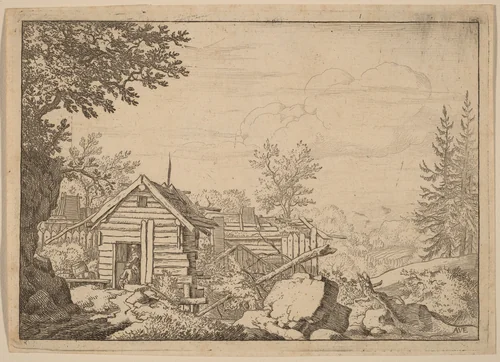 Two Men in the Doorway of a Hut by Allart van Everdingen, print, 1645-1656