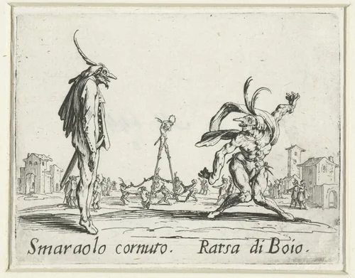 Twee straatartiesten als Smaraolo cornuto en Ratsa di Boio by Jacques Callot, print, 1621-1622