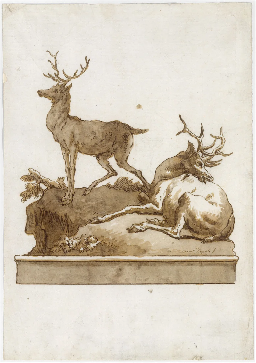 Two Stags, One Standing and One Lying, on a Grassy Knoll (with a Base) by Giovanni Domenico Tiepolo, drawing, 1770-1804