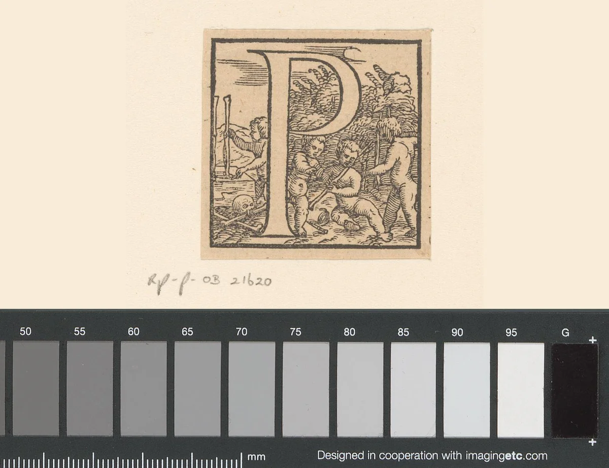 Letter P: kinderen bouwen een menselijk skelet van lossen beenderen by anonymous, print, 1543