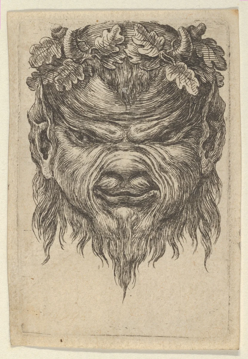 Satyr Mask with an Indented Snout and a Wreath of Oak Leaves, from "Divers Masques" by François Chauveau, print, 1630-1650