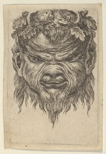 Satyr Mask with an Indented Snout and a Wreath of Oak Leaves, from "Divers Masques" by François Chauveau, print, 1630-1650