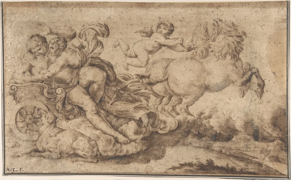 Aurora and Cephalus: Engraver's study after decoration in the Galleria Farnese, Rome by anonymous, drawing, 1600-1700