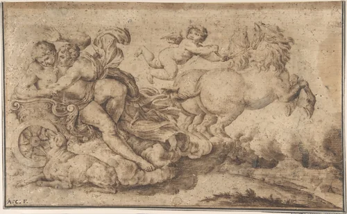 Aurora and Cephalus: Engraver's study after decoration in the Galleria Farnese, Rome by anonymous, drawing, 1600-1700