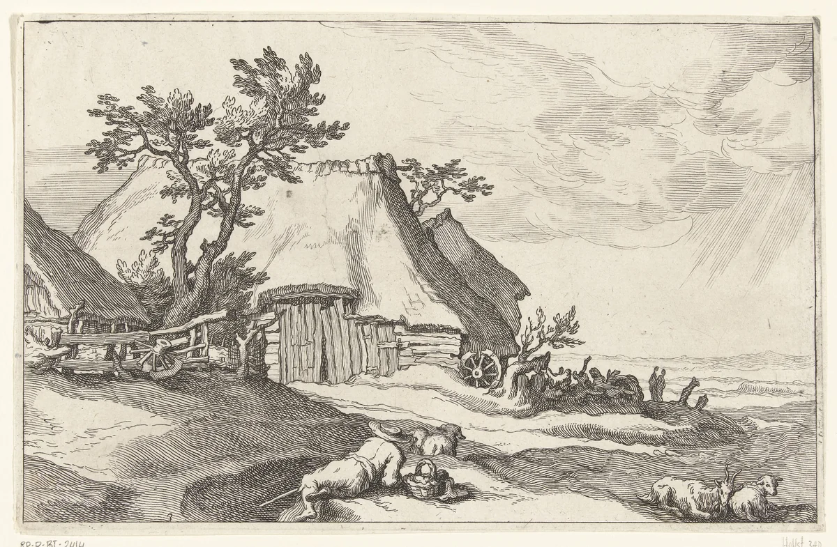 Boerderij en herder met schapen en geit by Boëtius Adamsz. Bolswert, print, 1614