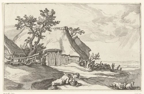 Boerderij en herder met schapen en geit by Boëtius Adamsz. Bolswert, print, 1614