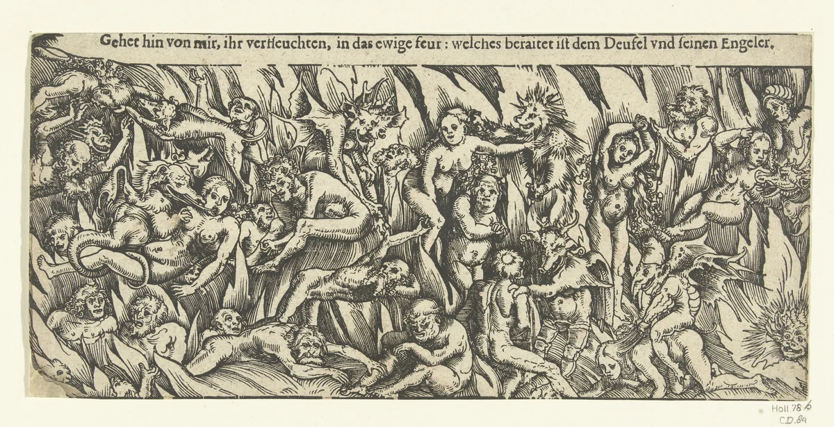 Hel met demonen en verdoemden in het eeuwig vuur by Lucas Cranach, print, 1482-1553