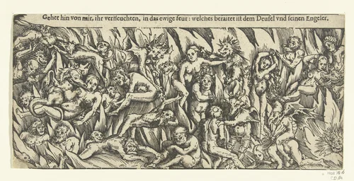 Hel met demonen en verdoemden in het eeuwig vuur by Lucas Cranach, print, 1482-1553