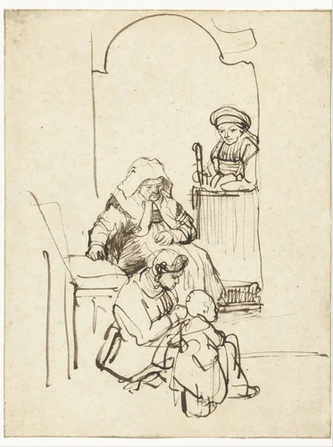 Drie vrouwen en een kind bij een huisdeur by Rembrandt van Rijn, drawing, 1645