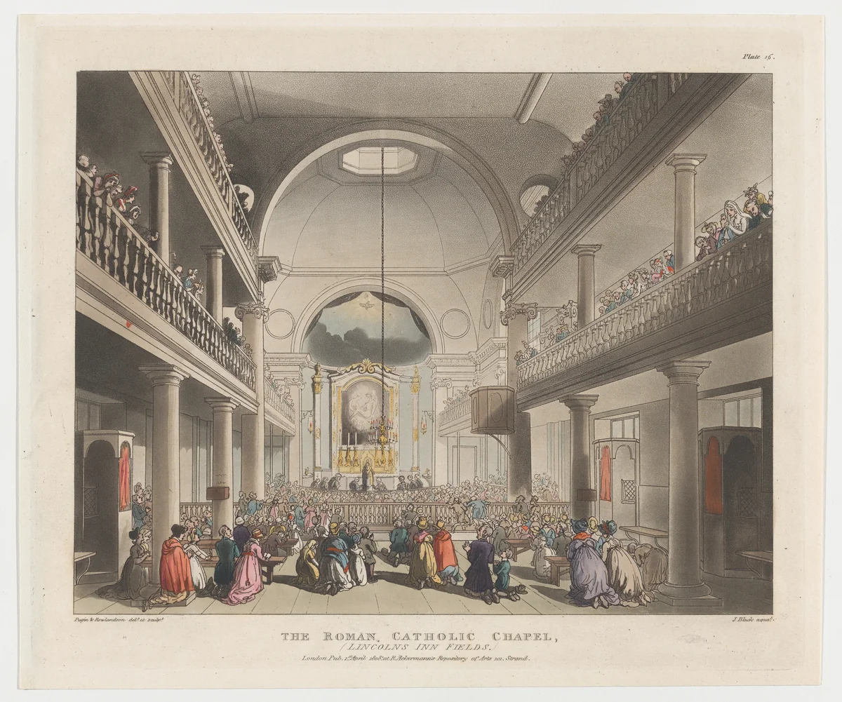 The Roman Catholic Chapel, Lincoln's Inn Fields by Thomas Rowlandson, print, 1808