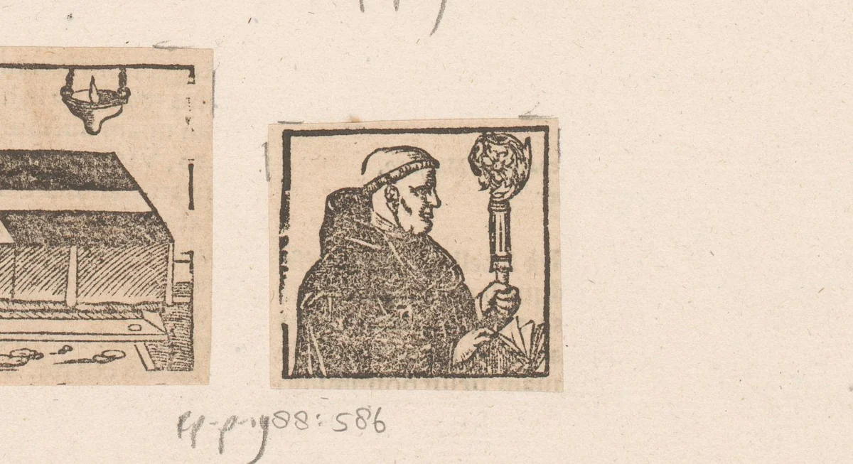 Monnik met een bisschopsstaf en een boek by anonymous, print, 1500-1599