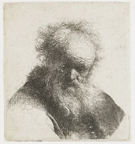 Bust of an old man with flowing beard and white sleeve by Rembrandt van Rijn, print, 1630