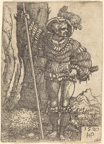 Foot Soldier Standing by a Tree by Sebald Beham, print, 1520