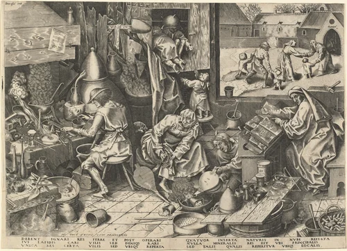 The Alchemist by Philip Galle, print, 1558