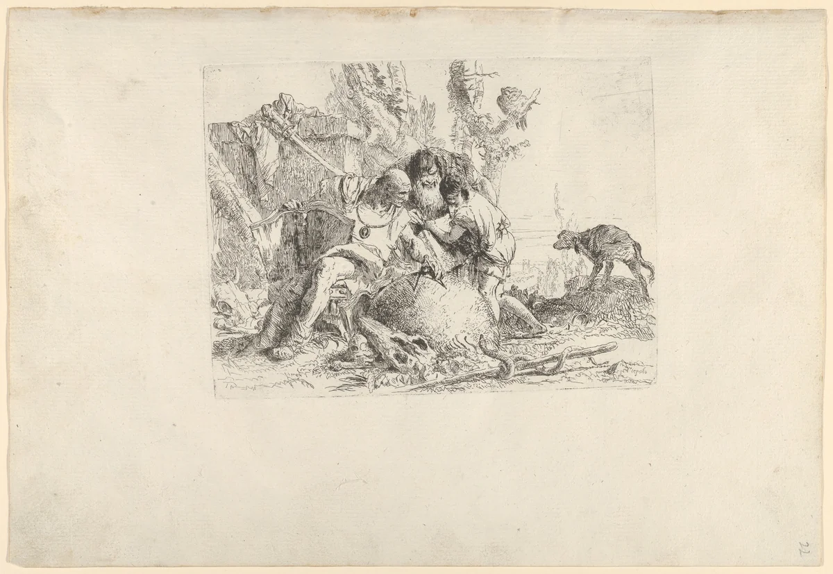 Two Magicians and a Child, from the Scherzi by Giovanni Battista Tiepolo, print, 1725-1780