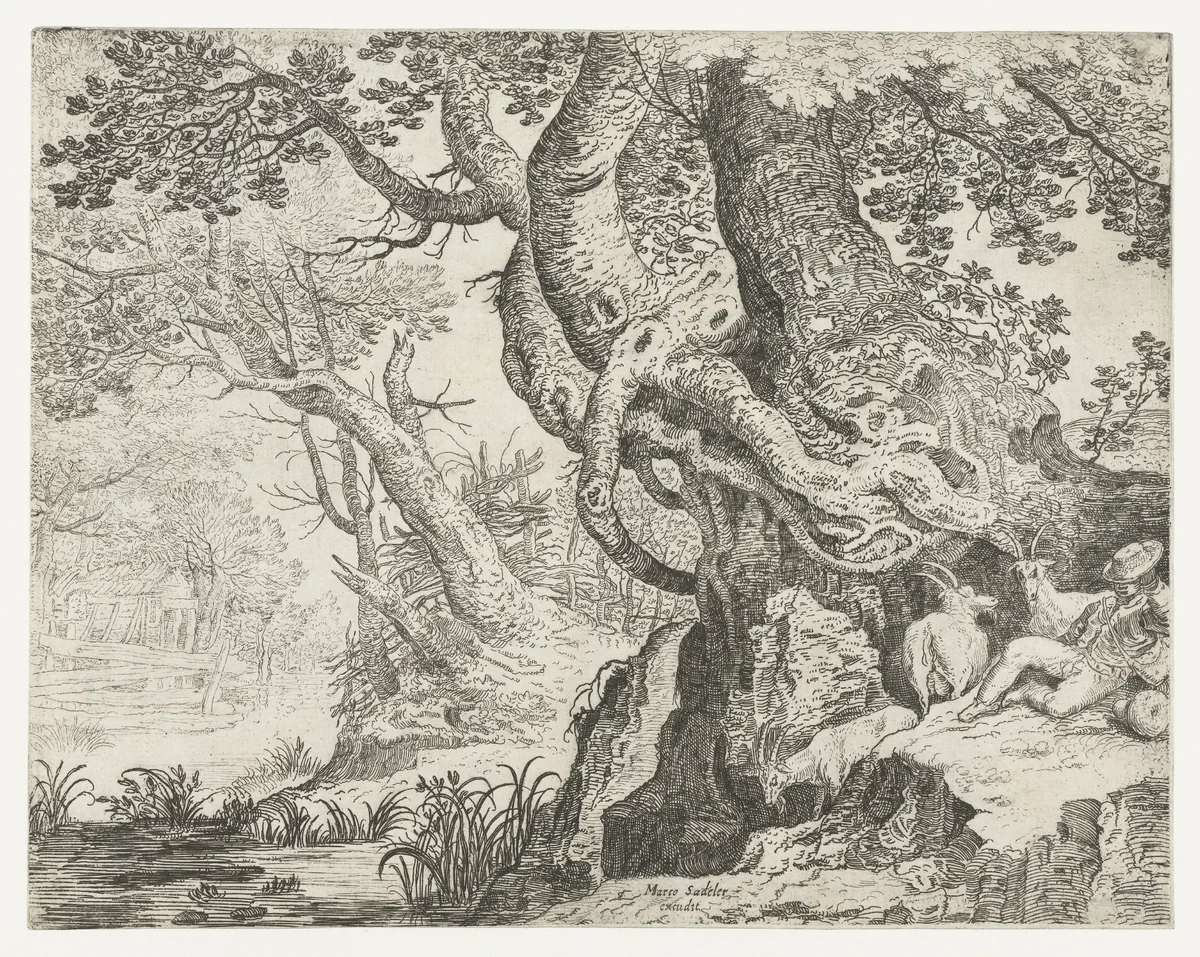 Slapende herder bij een grote boom by Roelant Savery, print, 1624-1639