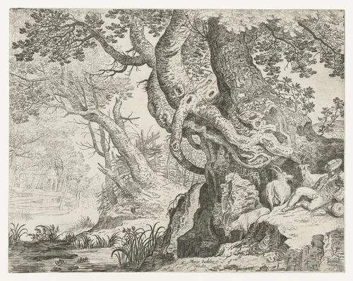 Slapende herder bij een grote boom by Roelant Savery, print, 1624-1639
