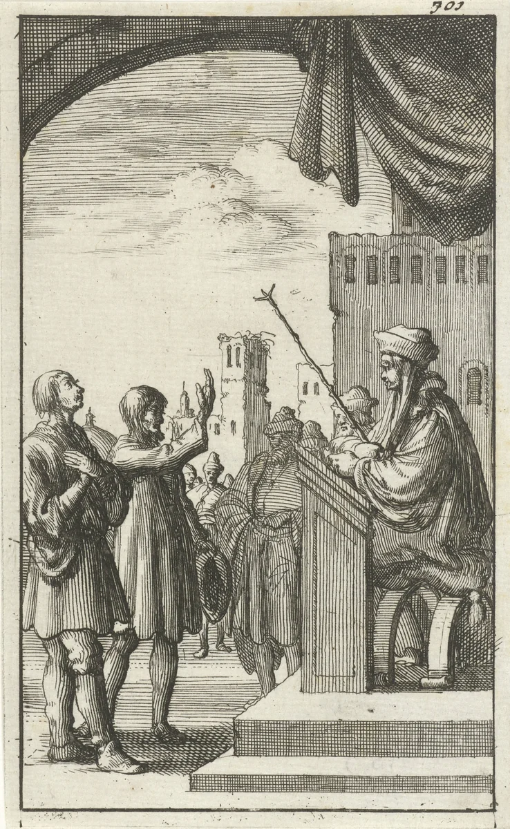 Man legt een eed af voor de rechter by Jan Luyken, print, 1685