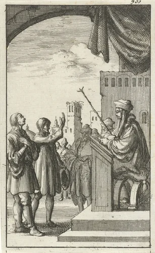 Man legt een eed af voor de rechter by Jan Luyken, print, 1685